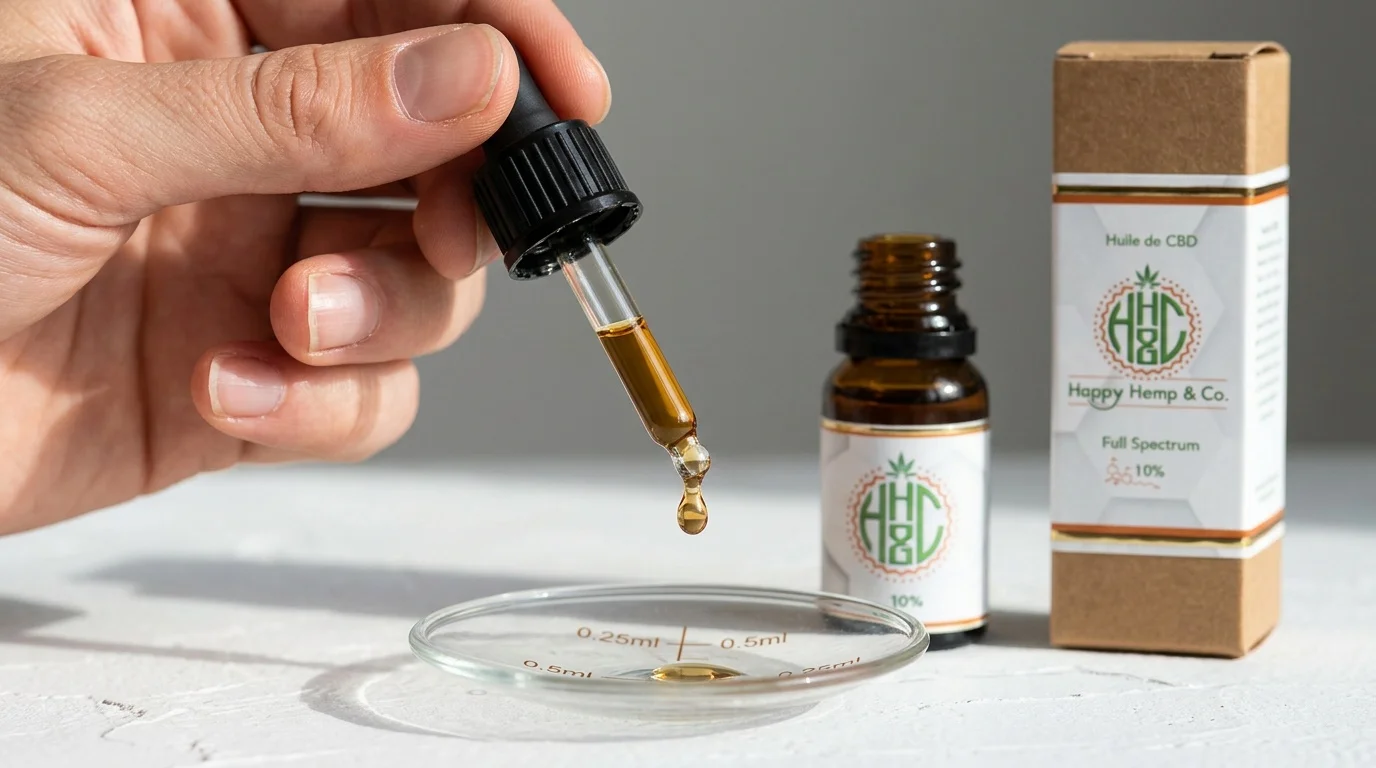 Gros plan éditorial d'une main tenant une pipette d'huile de CBD au-dessus d'un petit verre doseur, éclairage naturel, étiquette et logo conservés.