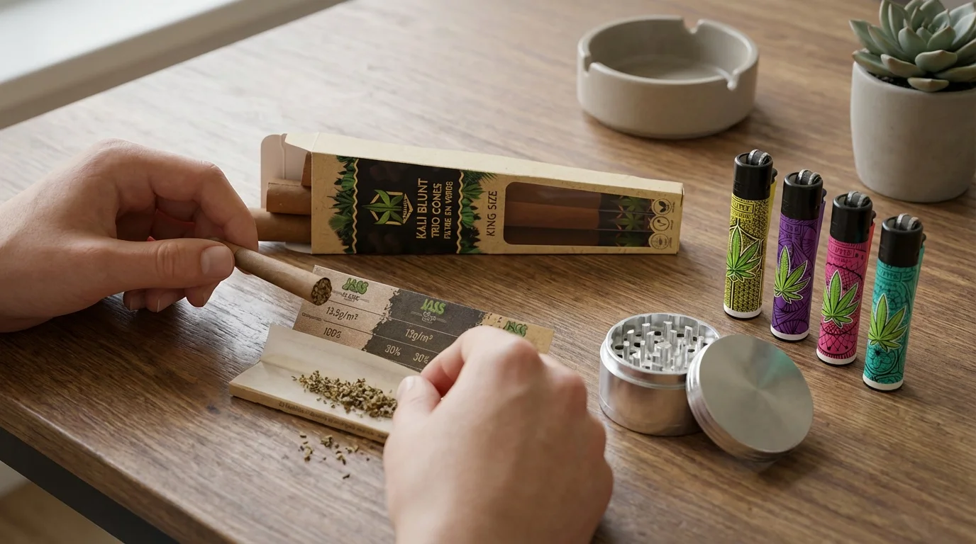 Vue rapprochée sur une table en bois avec une boîte de cones Kali Blunt, une feuille à rouler ouverte, un grinder en métal ouvert et quatre briquets Clipper colorés, des mains préparant un cone, éclairage naturel.