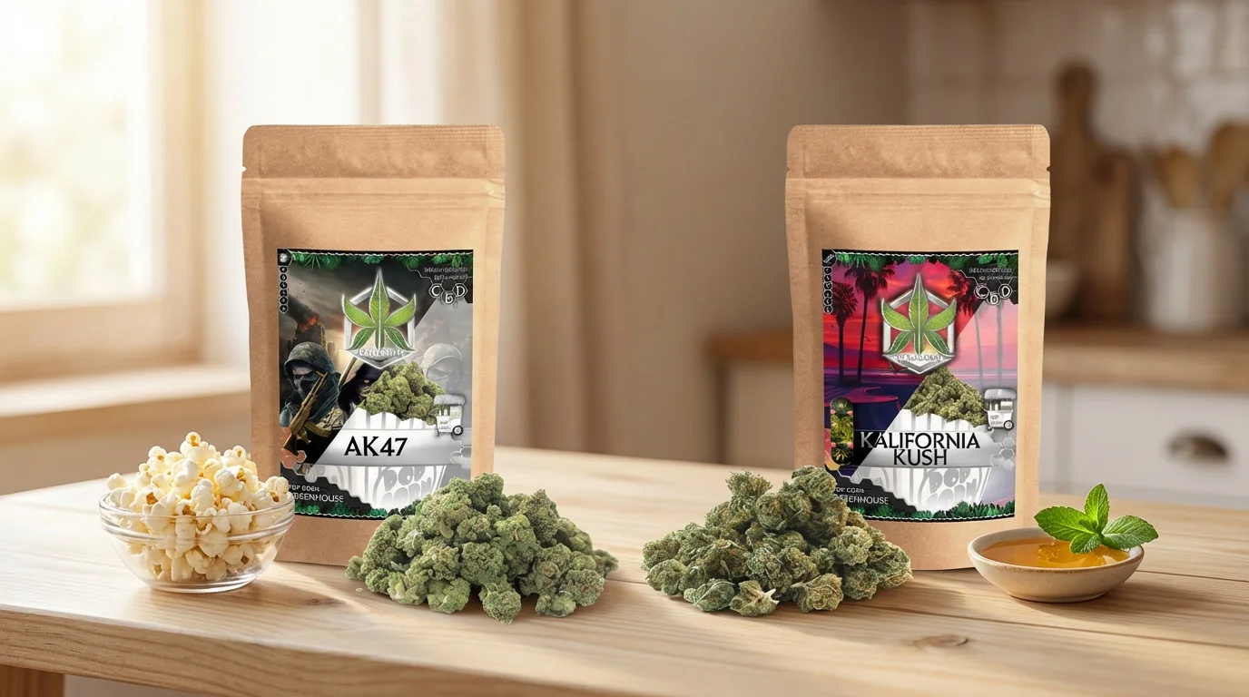 Deux sachets kraft Pop corn CBD Greenhouse (AK47 et Kalifornia Kush) posés sur une table en bois avec leurs têtes de fleur devant, un petit bol de pop-corn et un ramequin de miel pour évoquer des saveurs douces.