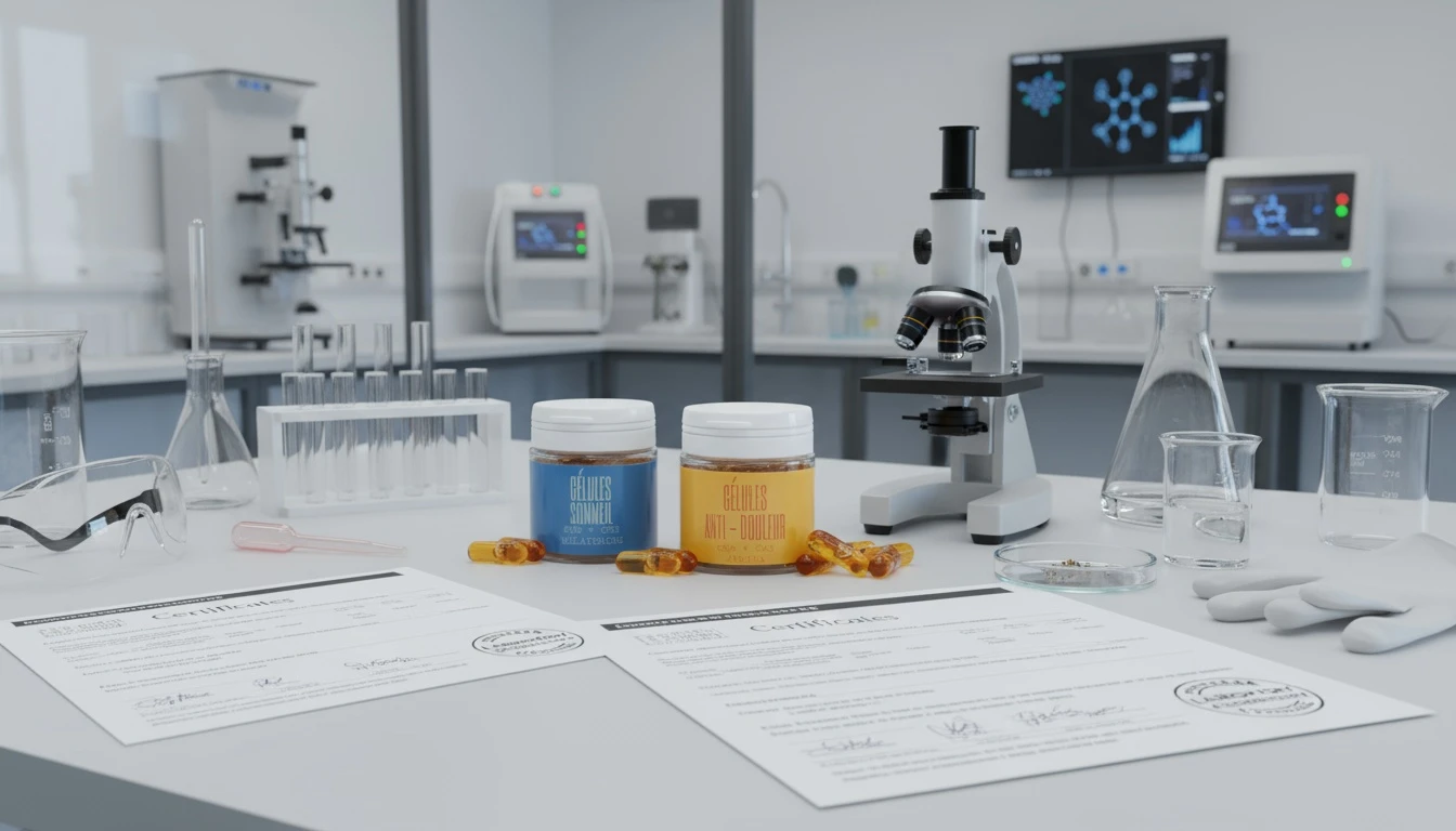 Trois boîtes gélules CBD laboratoire analyse qualité transparence traçabilité européenne