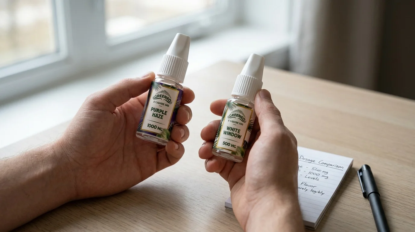 Mains comparant deux flacons d'e-liquides CBD en lisant les étiquettes, bloc-notes posé à côté, éclairage naturel et composition épurée.