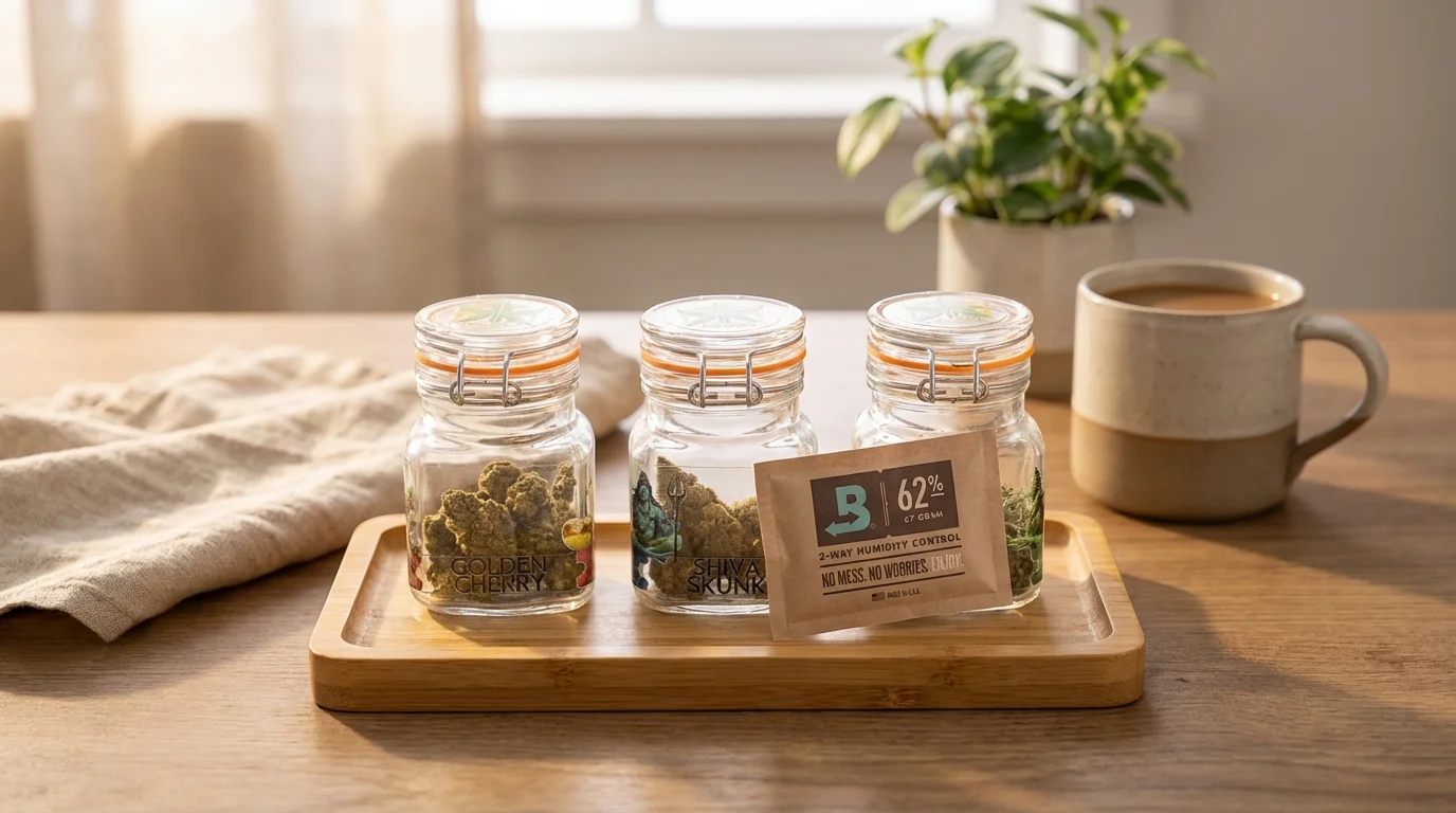 Trois bocaux en verre étiquetés (Golden Cherry, Shiva Skunk, Trim) sur un plateau en bois avec un sachet d'humidité 62% posé contre le bocal central, lumière douce et ambiance sereine.
