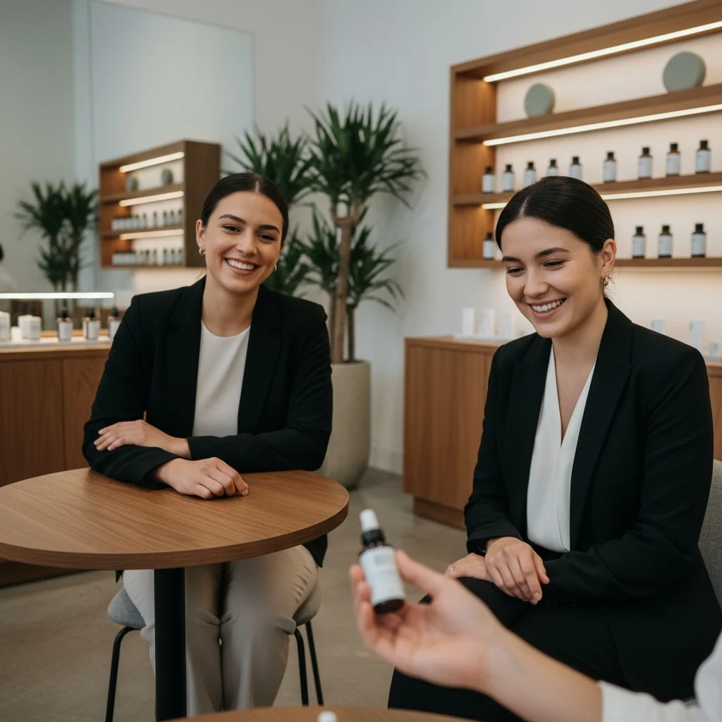 Employés en entraînement de vente dans une boutique moderne, simulant une interaction chaleureuse avec un client, produits floutés et sans texte lisible.