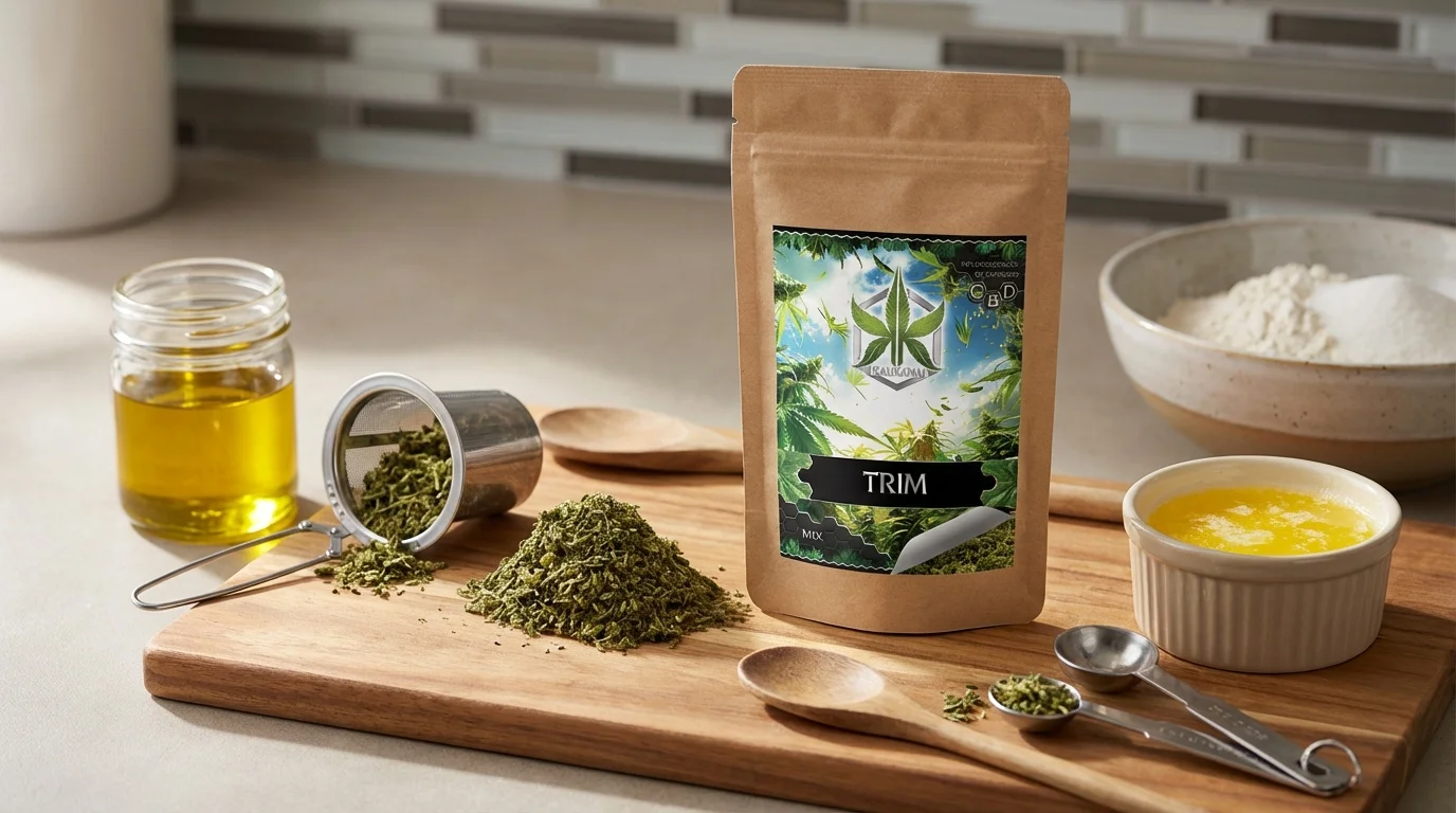 Pochette kraft étiquetée « TRIM » avec un petit tas de trim CBD sur une planche en bois, entourée d’un infuseur à thé, d’un pot d’huile et d’ustensiles de cuisine, prêt pour infusion ou cuisson.
