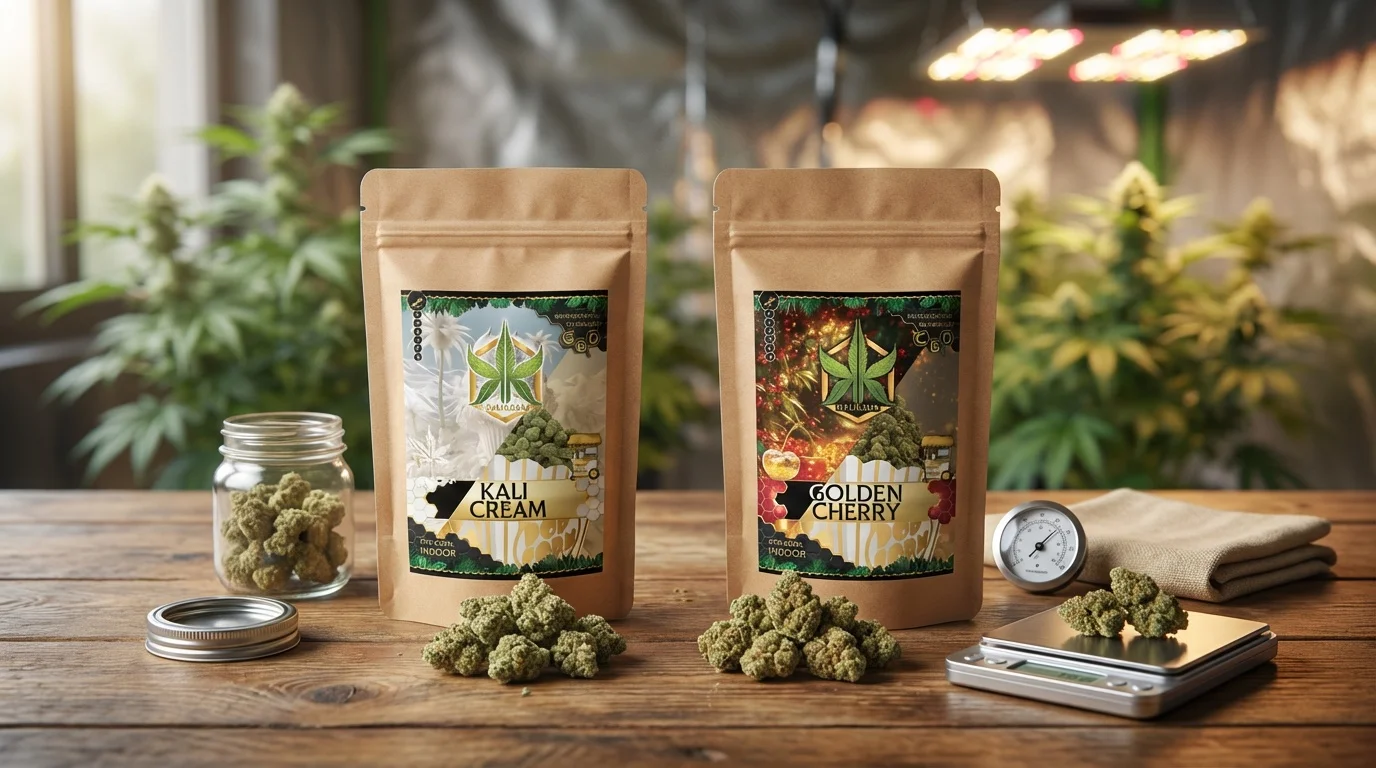 Deux sachets kraft étiquetés (Kali Cream et Golden Cherry) posés sur une table en bois, chacun devant un petit tas de fleurs CBD 