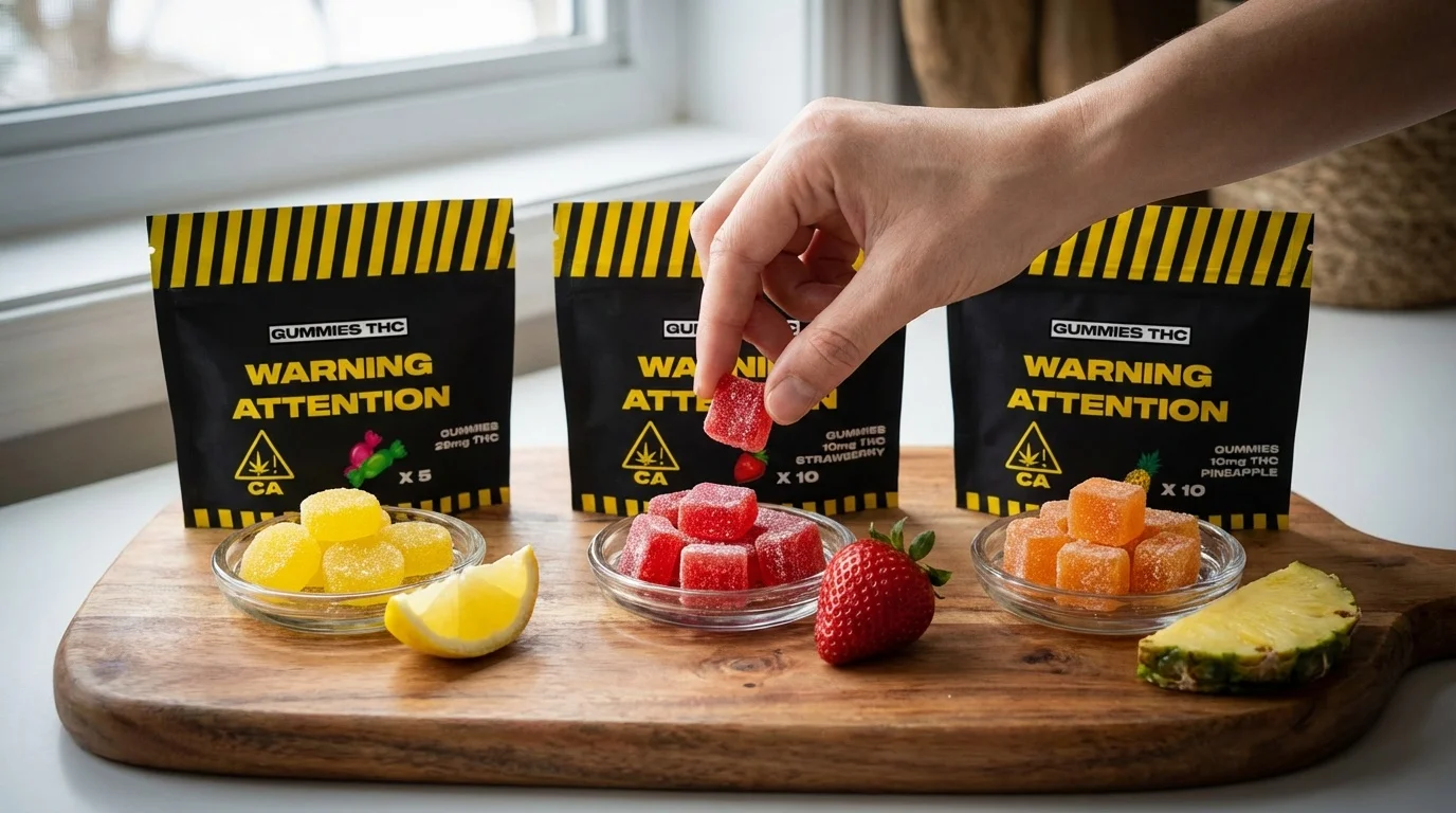 Plan de dégustation : trois sachets originaux de Gummies THC alignés sur une planche en bois, coupelles avec les bonbons assortis et fruits (citron, fraise, ananas), une main prend un bonbon, étiquettes préservées.