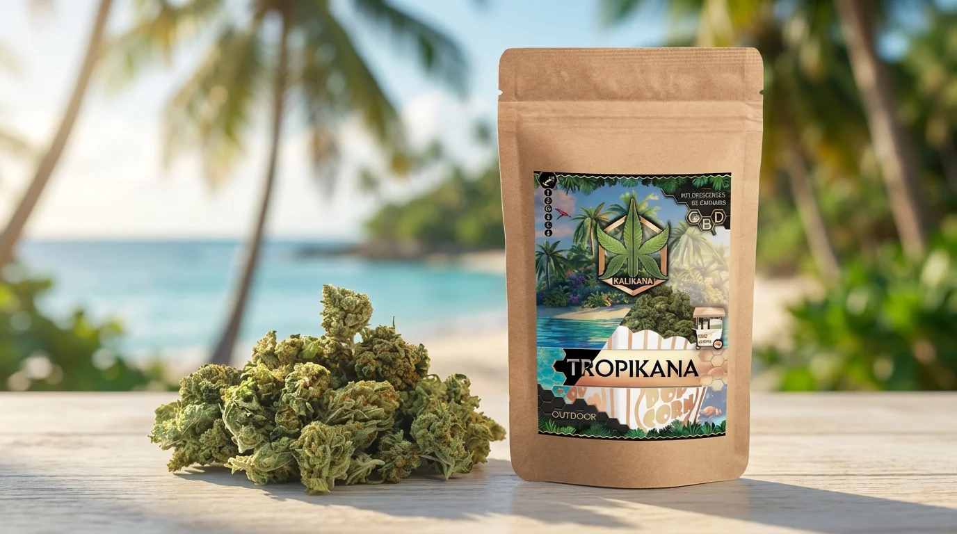 Pochette kraft Tropikana avec son étiquette intacte à droite et un petit tas de fleurs pop corn CBD à gauche, posés sur une surface claire devant un flou d’arrière‑plan tropical (palmiers et eau turquoise).