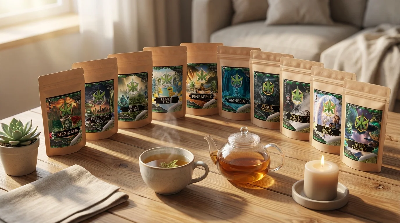 Plusieurs sachets de produits CBD disposés en demi-cercle sur une table en bois avec une tasse de thé, une petite plante et une bougie, ambiance matinale et chaleureuse, étiquettes d'origine conservées.