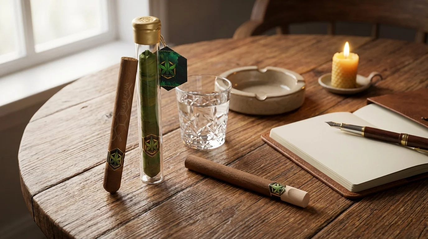 Mise en scène chaleureuse de dégustation avec trois cigares CBD (tubes et cigares), verre d'eau, carnet et bougie, étiquettes et sceaux originaux bien visibles.