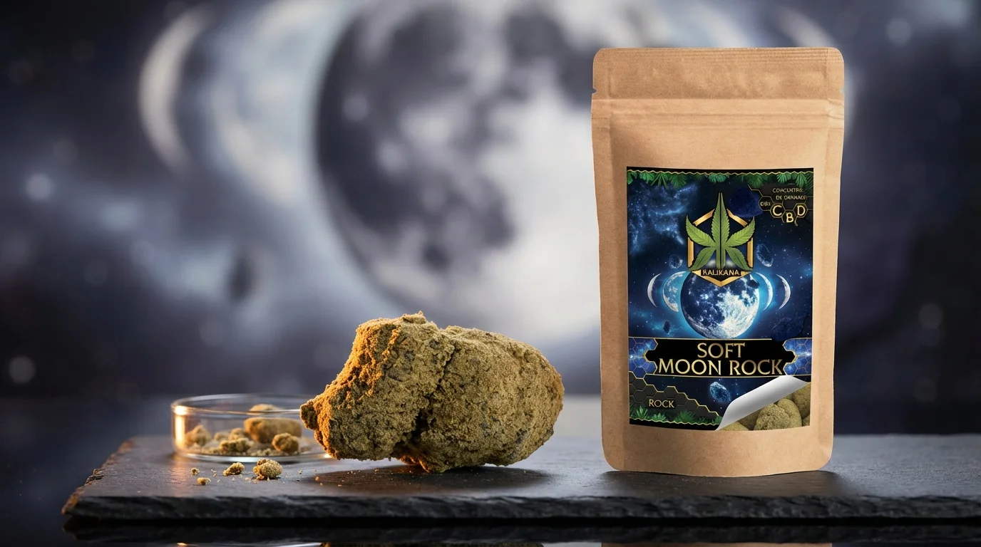 Photo produit stylisée du paquet kraft « Soft Moon Rock » avec l’étiquette originale bien visible à droite et un nugget Moonrock à gauche posé sur une ardoise, éclairage chaud et fond flou évoquant la lune.