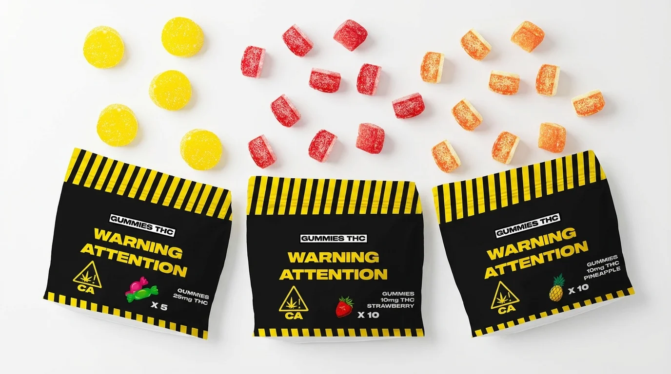 Trois sachets de Gummies THC d'origine disposés en studio sur fond blanc, avec les bonbons correspondants (jaunes, rouges, orange) éparpillés autour, étiquettes et mentions préservées.