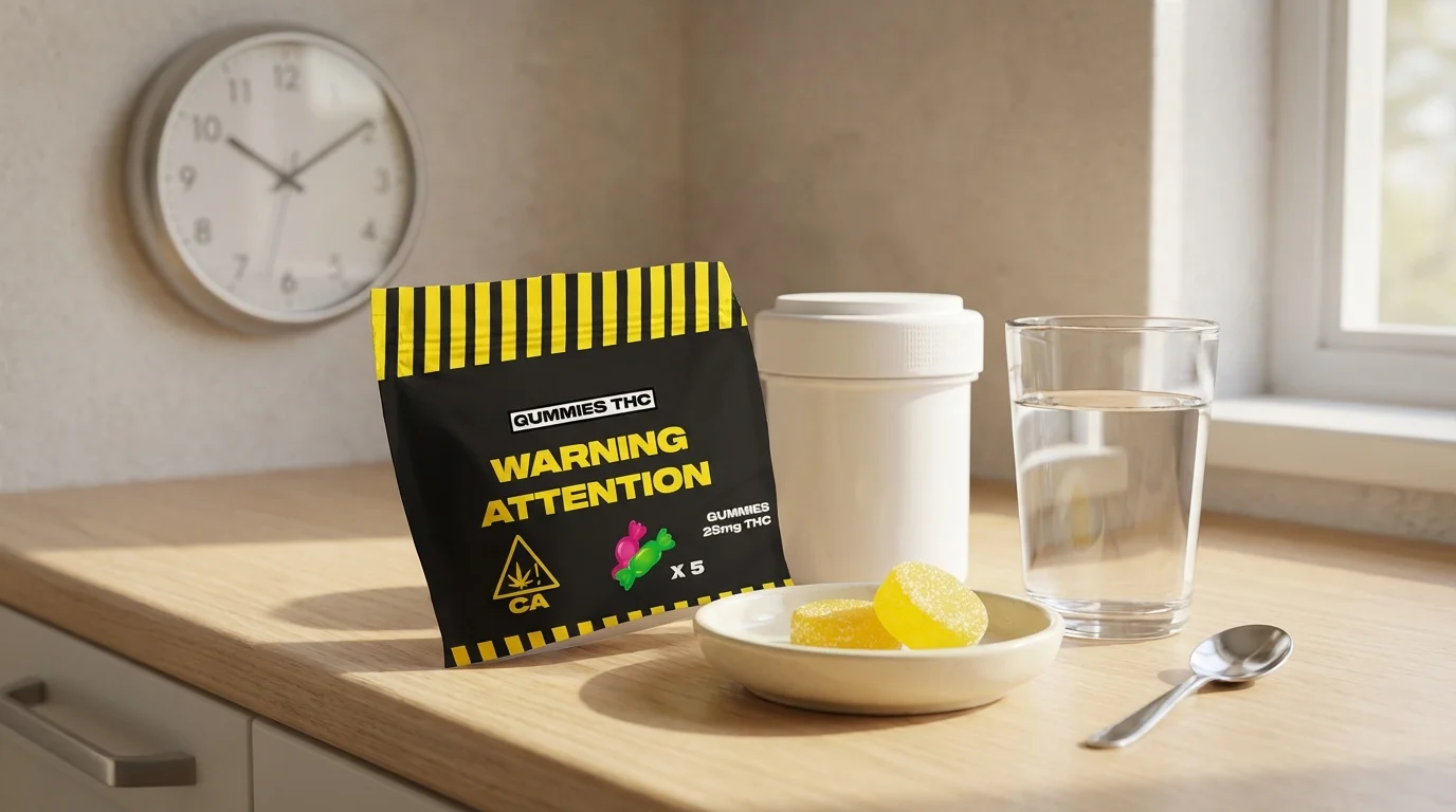 Sachet original de Gummies THC posé sur un plan de travail domestique avec quelques bonbons dans une coupelle, un verre d'eau et un contenant sécurisé, mettant l'accent sur le dosage et la sécurité, étiquettes intactes.