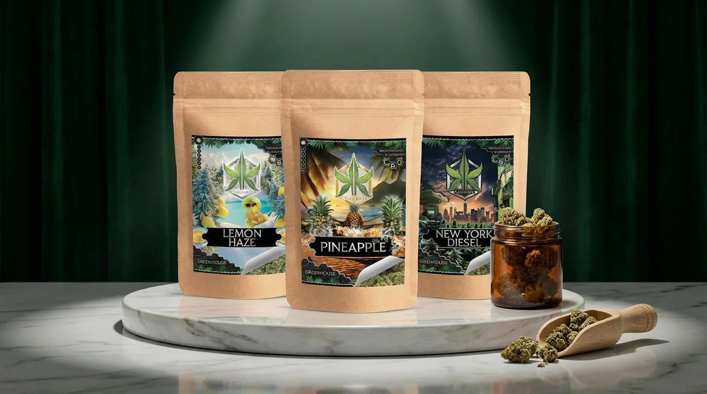 Présentation studio haut de gamme de sachets CBD best-sellers posés sur un podium en marbre, avec un petit pot en verre ouvert et une cuillère en bois contenant des fleurs, étiquettes d'origine inchangées.