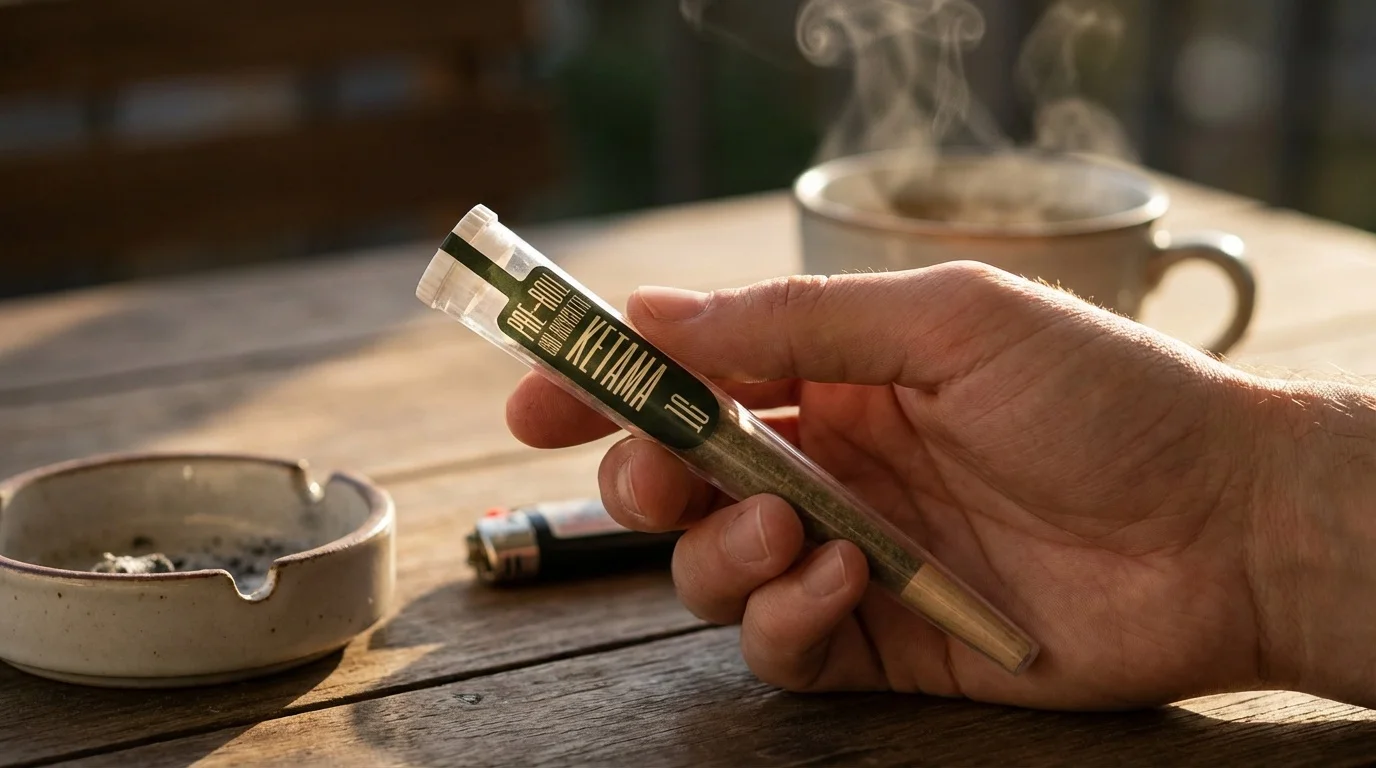 Main anonyme tenant un tube de joint CBD pré-roulé avec étiquette verte 'KETAMA', posé près d'un cendrier et d'une tasse de tisane, photo ultra-réaliste.