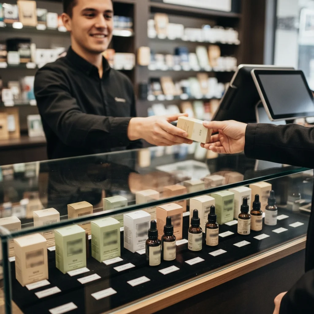 Comptoir de vente optimisé avec présentoirs de produits CBD soignés, un vendeur tend un produit à un client, éclairage commercial propre et réaliste.