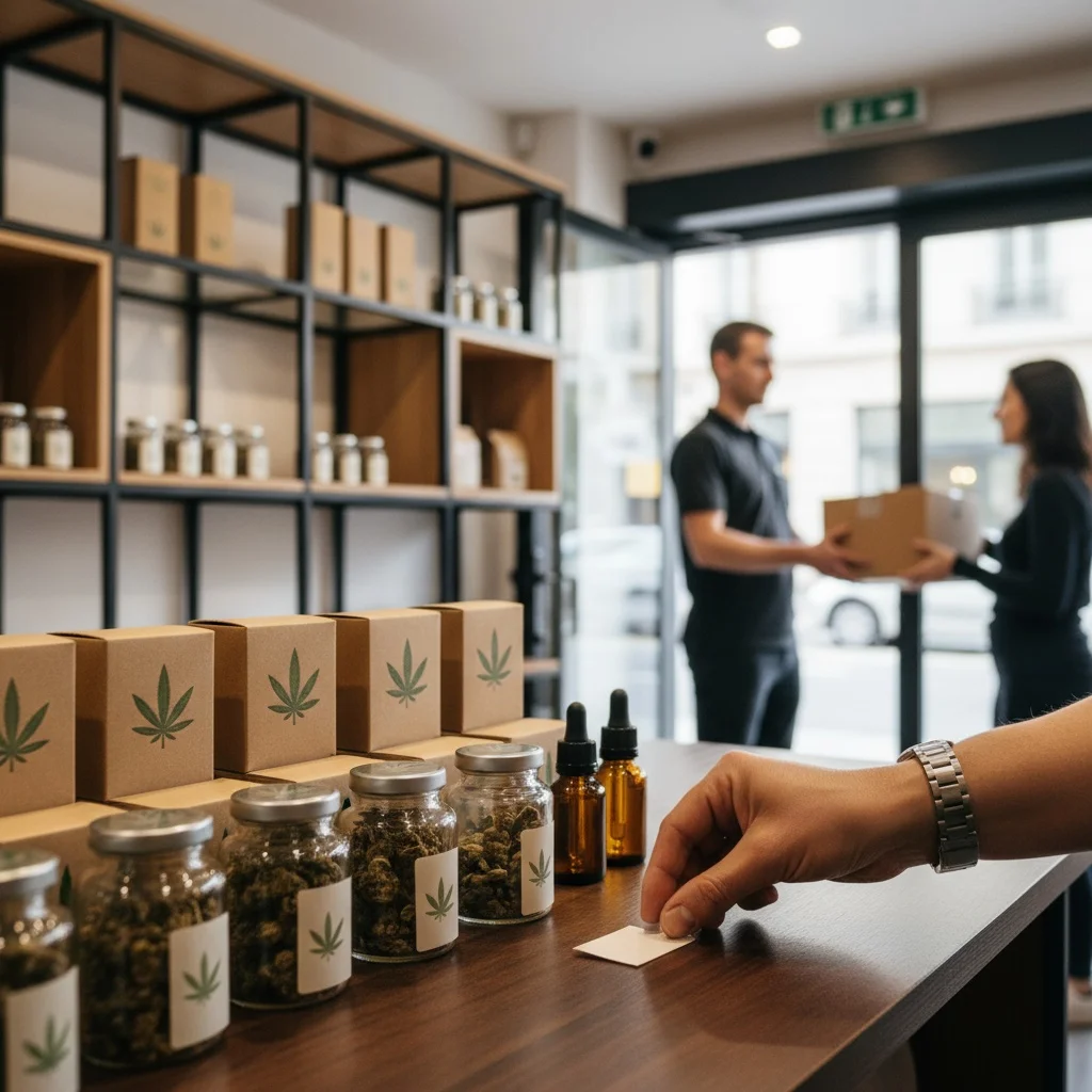 Gros plan ultraréaliste d'une main de buraliste ajustant une étiquette blanche près de produits CBD sur une étagère, cartons de livraison à l'arrière-plan.