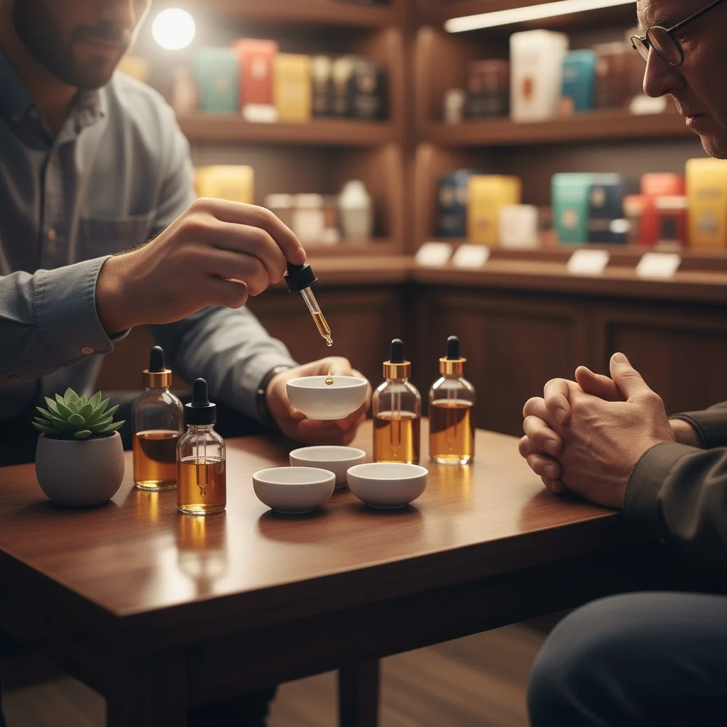 Coin de découverte en point de vente : gros plan sur des mains utilisant un compte-gouttes de CBD devant un client, ambiance chaleureuse sans texte.