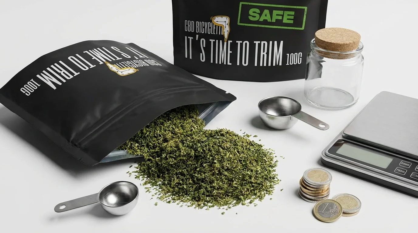 Sachet Trim CBD ouvert avec un tas de trim, cuillère doseuse et petite balance, pièces empilées et bocal réutilisable pour illustrer l'aspect économique et polyvalent, texte du sachet intact.