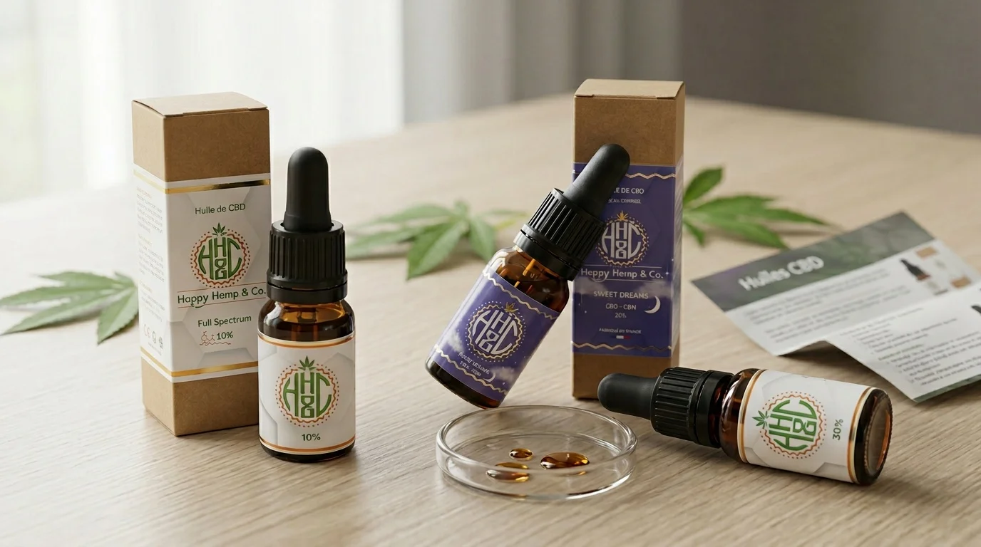 Photo éditoriale ultra-réaliste de plusieurs flacons d'huile de CBD disposés sur un bois clair, éclairage naturel, étiquette et logo conservés tels quels.