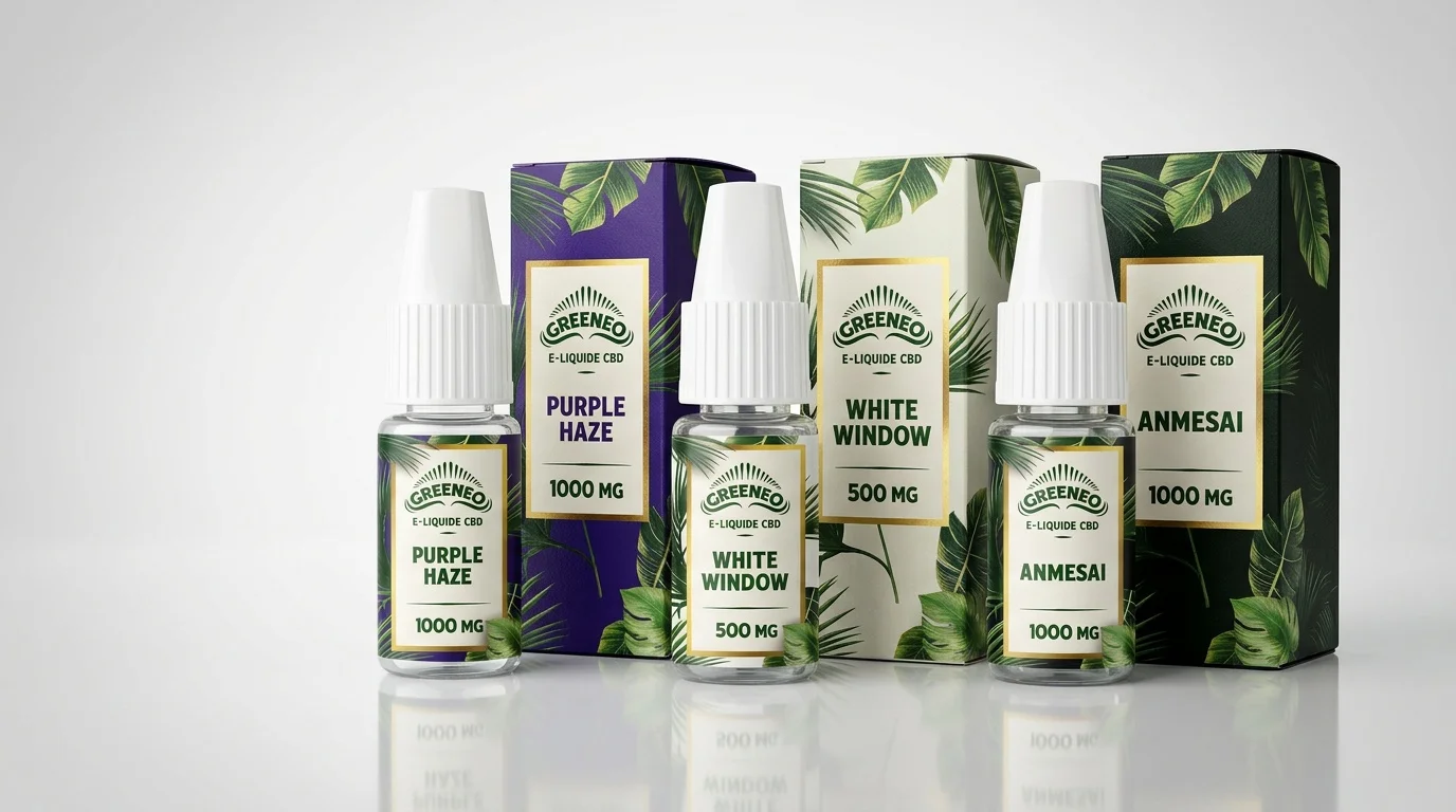 Trois flacons d'E-liquides CBD avec leurs emballages alignés sur un fond clair, éclairage naturel, étiquettes et logos clairement visibles.