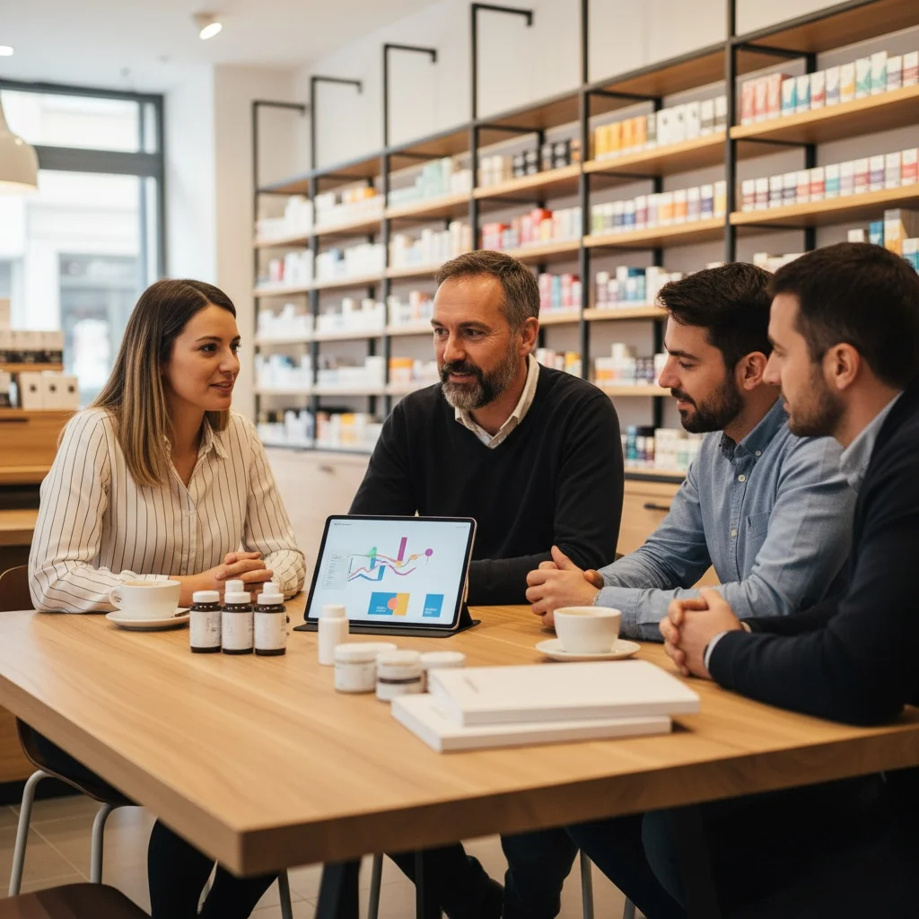 Réunion dans un bureau de tabac : le buraliste et son équipe consultent une tablette avec des graphiques non lisibles, produits et livrets de formation sur la table.