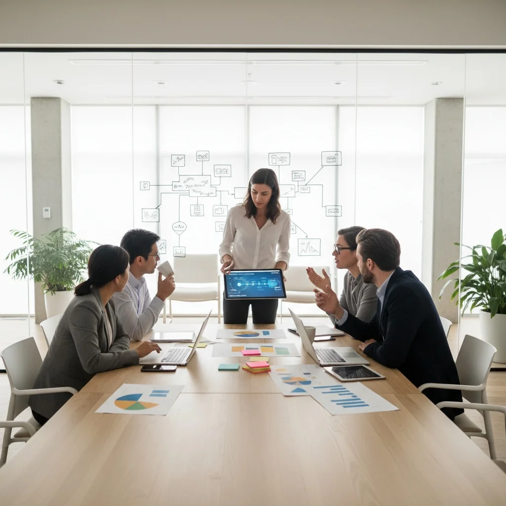 Équipe en réunion stratégique autour d'une table, consultant des supports et une feuille de route schématique sur une paroi vitrée, sans texte lisible.