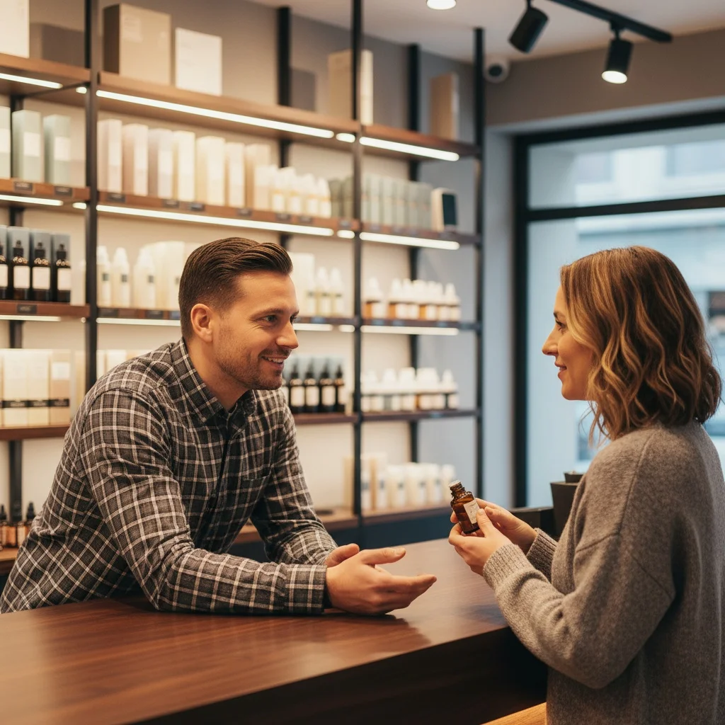 Interaction chaleureuse au comptoir d'un bureau de tabac : un vendeur conseille un client devant une étagère de produits CBD, sans texte visible.