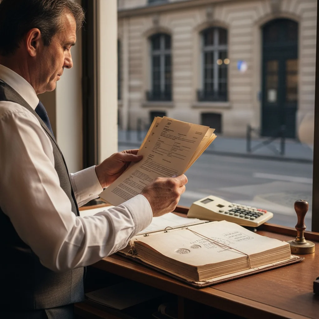 Intérieur ultraréaliste d'un bureau de tabac : un buraliste examine des documents officiels sur le comptoir, lumière naturelle, arrière-plan urbain flou.