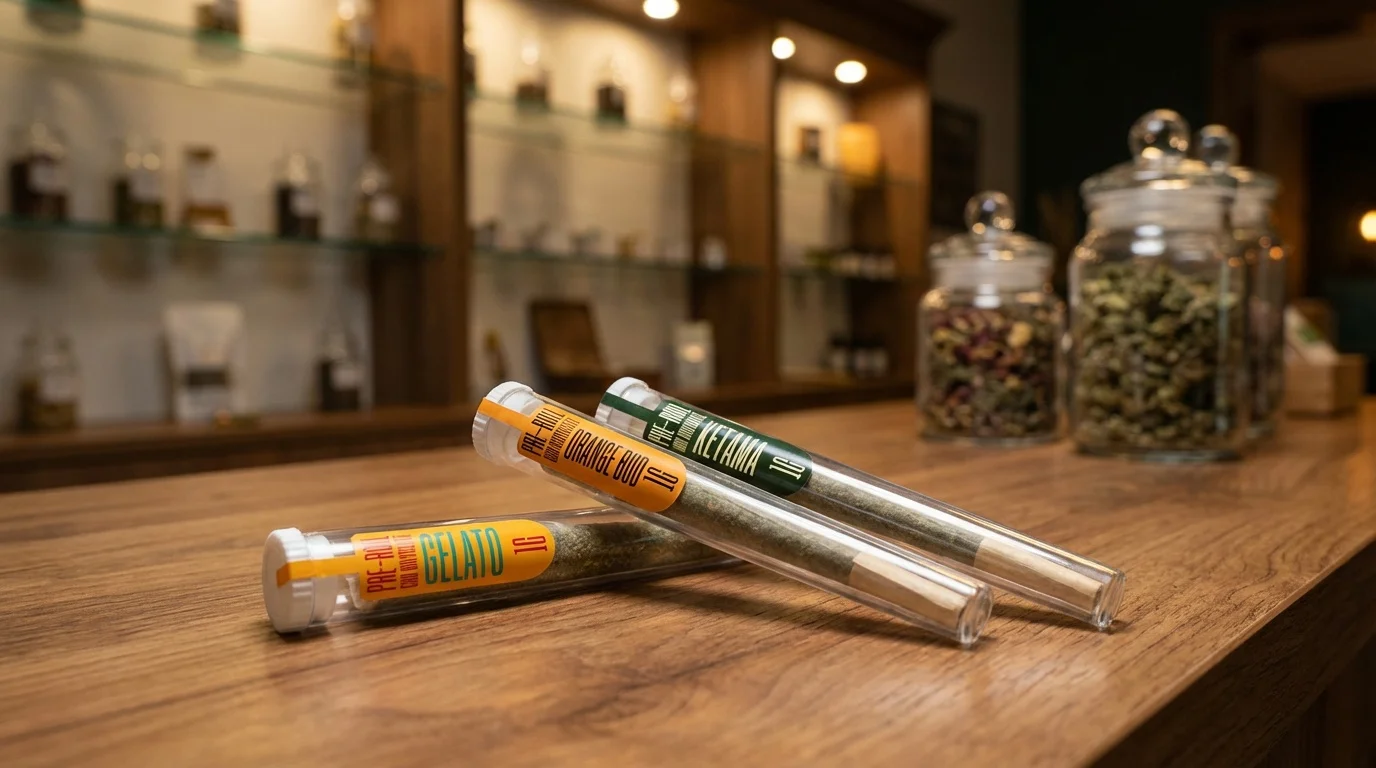 Photo ultra-réaliste d'un présentoir en bois avec trois tubes de joints CBD pré-roulés alignés, étiquettes orange et vert bien visibles, en arrière-plan une boutique floue.