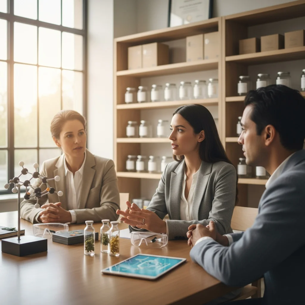 Groupe diversifié en formation dans un bureau moderne, autour d'échantillons de chanvre et d'un formateur expliquant des concepts techniques, sans texte lisible.
