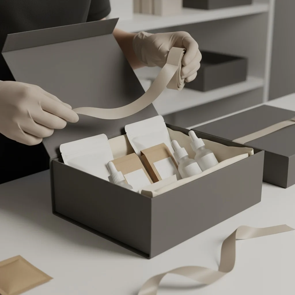 Préparation d'un coffret fidélité CBD sur mesure : mains disposant des produits dans une boîte premium, étiquettes vierges, ambiance soignée.