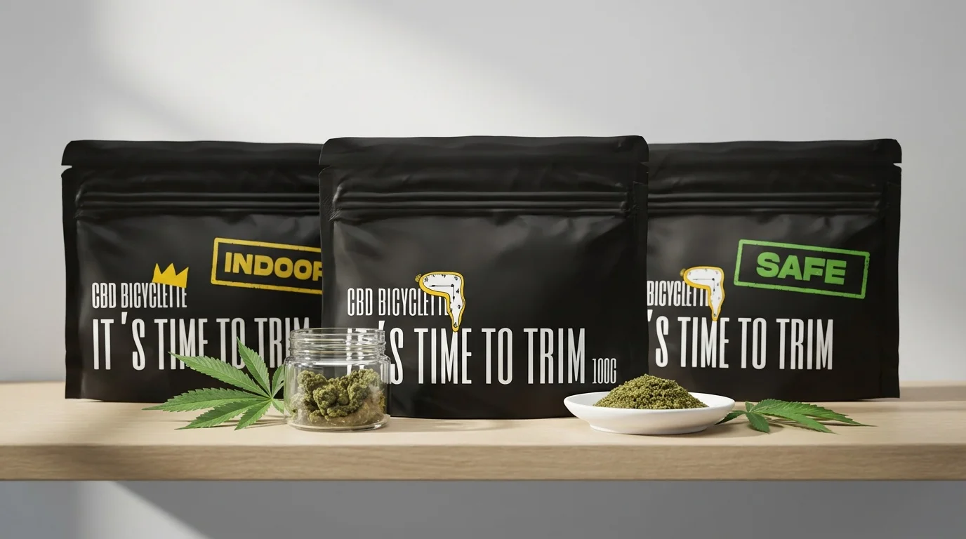 Trois sachets Trim CBD noirs disposés en présentation premium sur une étagère en bois, devant un pot en verre et une coupelle contenant du trim, étiquettes 'IT'S TIME TO TRIM', 'INDOOR' et 'SAFE' clairement visibles.