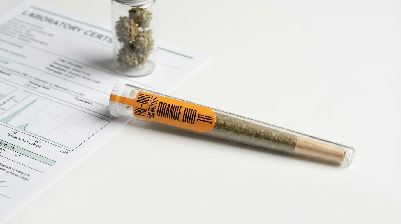 Gros plan ultra-réaliste d'un joint CBD pré-roulé dans son tube avec étiquette orange, posé sur une table blanche avec un document de laboratoire flou en arrière-plan.